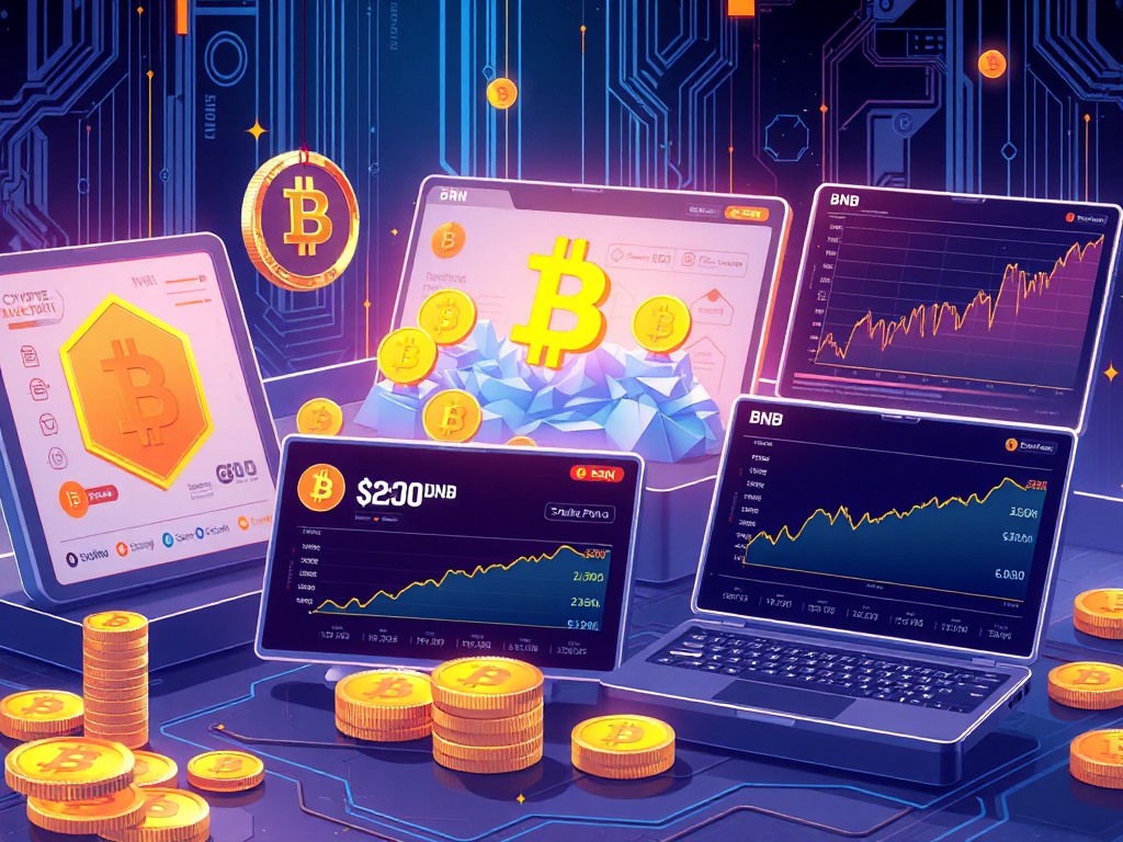 Minh họa trực quan về các nền tảng stake BNB Coin với biểu đồ tăng trưởng và so sánh lợi nhuận trong môi trường công nghệ tương lai