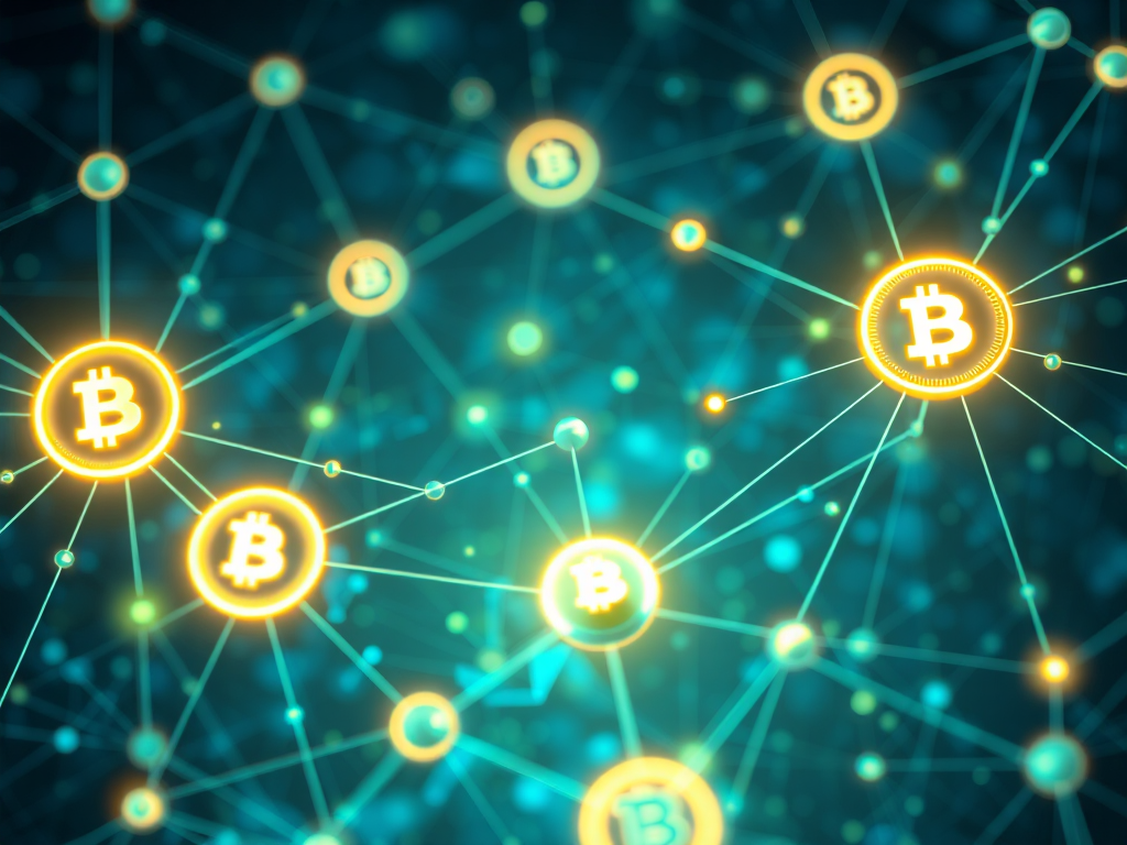 Minh họa trực quan về hệ sinh thái Binance với các nút kết nối và token BNB di chuyển qua mạng lưới công nghệ hiện đại với tông màu xanh dương và xanh lá cây