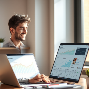 Small business owner analyzing SEO metrics on laptop screen in home office, natural light illuminating workspace, demonstrating affordable SEO services for small businesses in action