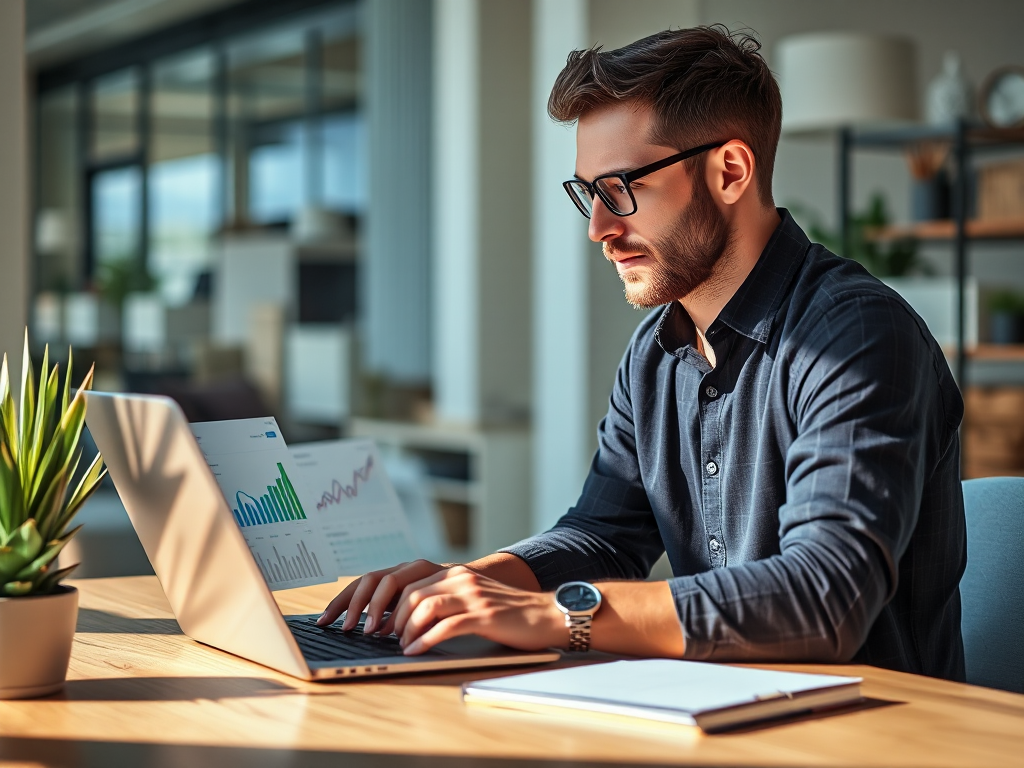 Small business owner reviewing SEO performance metrics on laptop in home office, focusing on search rankings and traffic analytics
