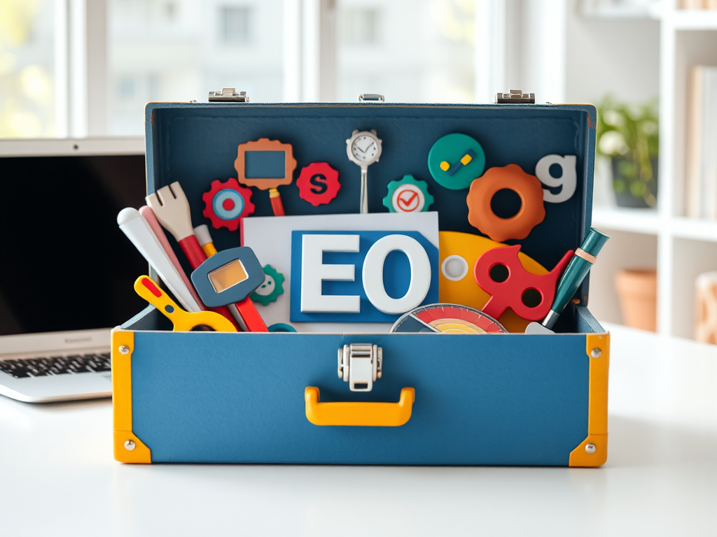 Toolbox filled with SEO tools and resources icons on desk next to laptop in bright workspace environment