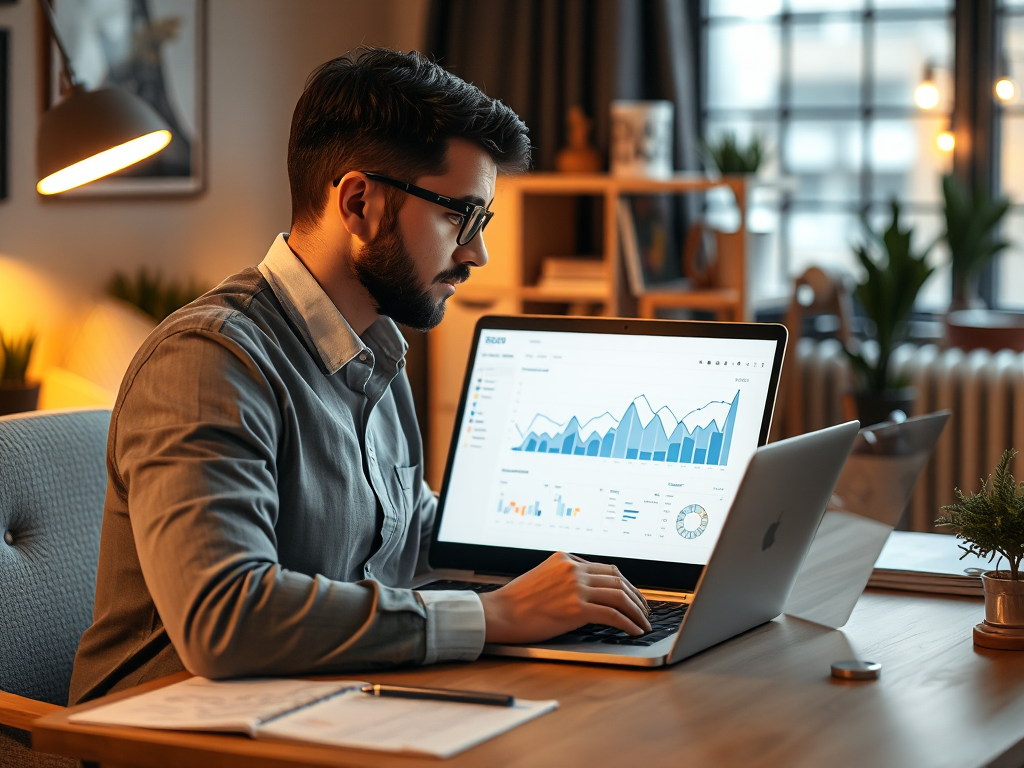 Small business owner analyzing SEO performance metrics on laptop screen in well-lit home office environment