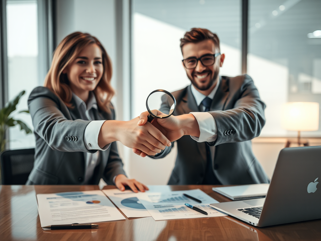 Business professionals discussing SEO strategy with magnifying glass examining reports on desk in modern office setting