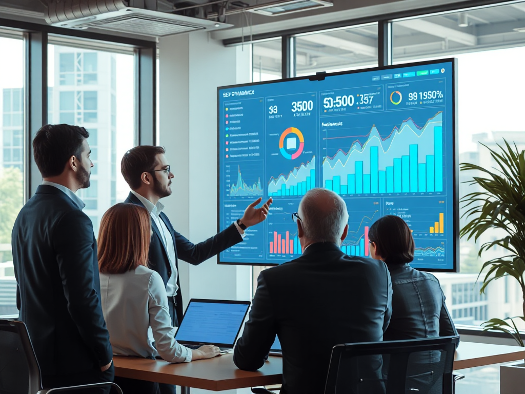 Business professionals reviewing SEO campaign data and analytics on large screen display in contemporary office environment