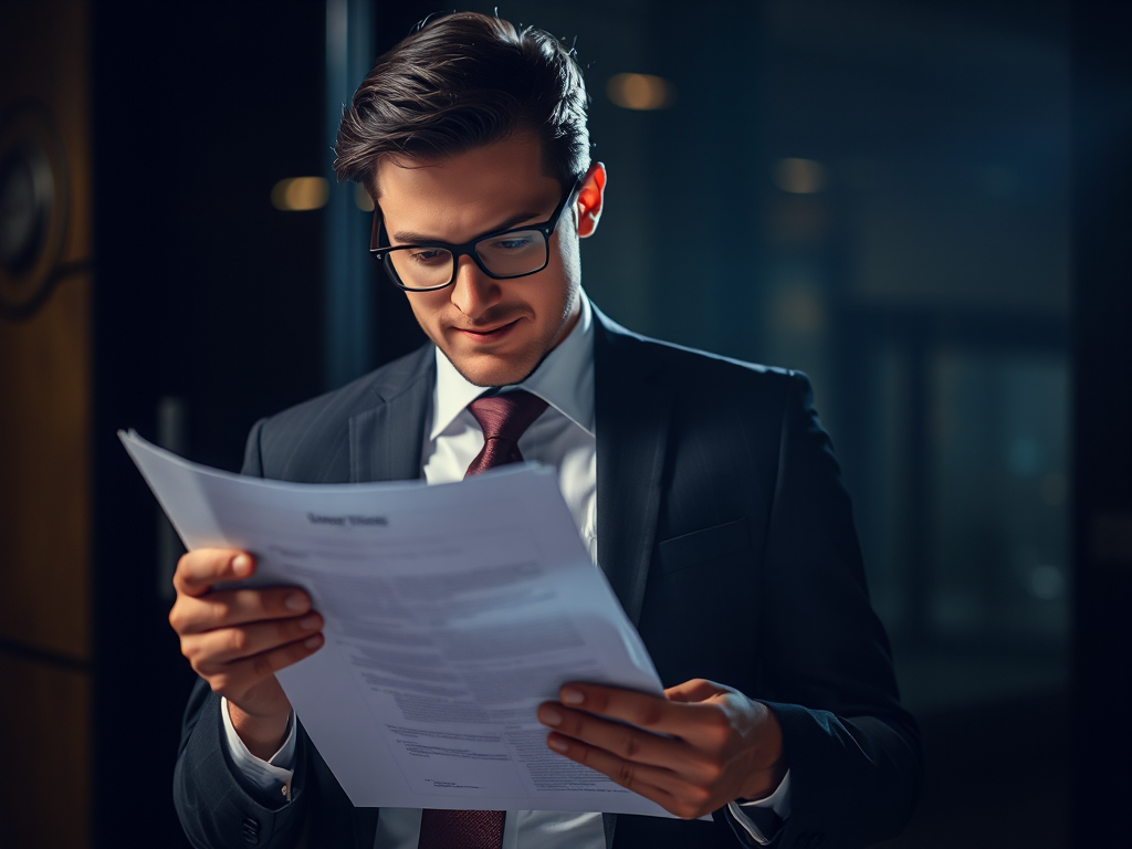 Professional analyzing SEO service contract with skeptical expression, highlighting red flags in business agreement documentation