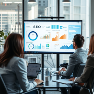 Business professionals reviewing SEO performance data on digital dashboard in modern office environment with natural lighting