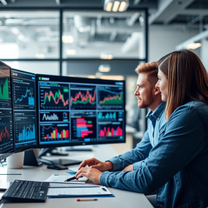 Business professionals collaborating on SEO strategies and data analysis using digital dashboards in contemporary office environment