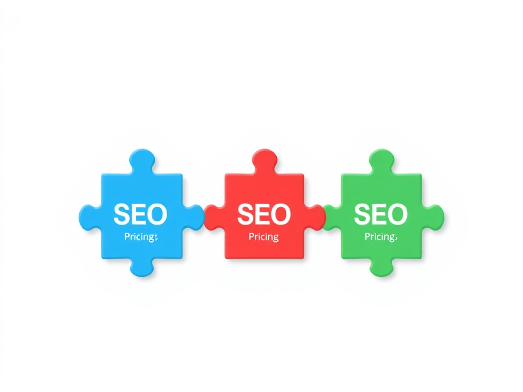 Three interconnected puzzle pieces symbolizing retainer, project, and hourly SEO pricing models in a modern infographic illustration