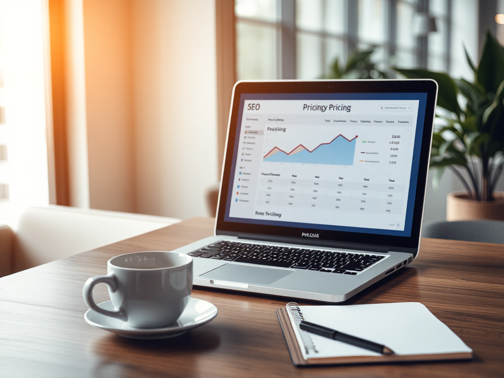 Modern office workspace showing SEO pricing comparison chart on laptop screen with analytics dashboard, coffee cup, and notepad in professional business environment