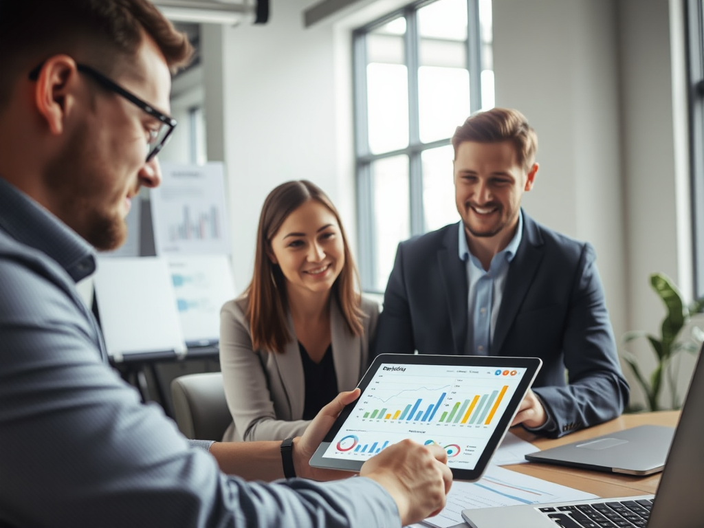 Business professionals analyzing SEO pricing models and charts on digital tablet in modern office with natural window lighting