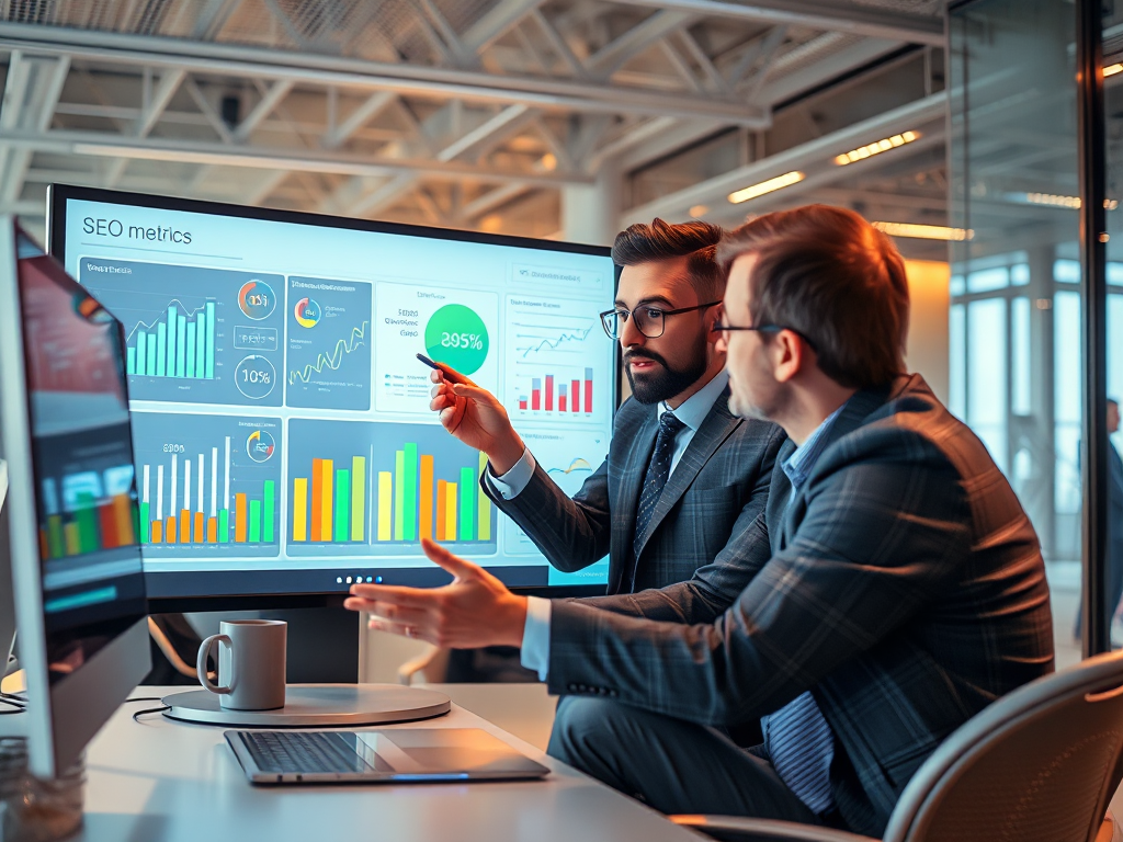 Business professionals examining SEO performance metrics and ROI charts on large digital display screen in modern office environment