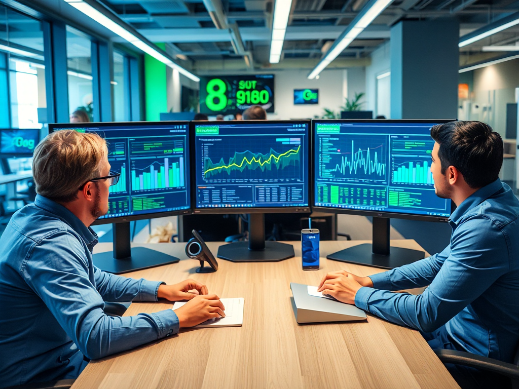 Nhóm tiếp thị kỹ thuật số phân tích hiệu suất website trên nhiều màn hình trong văn phòng hiện đại với tông màu xanh dương và xanh lá cây sống động