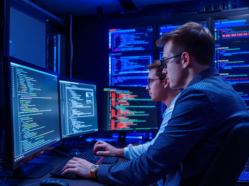Nhóm kỹ thuật đang phân tích mã nguồn website trên nhiều màn hình máy tính trong phòng máy chủ với ánh sáng xanh dịu mắt, thể hiện quy trình tối ưu kỹ thuật website