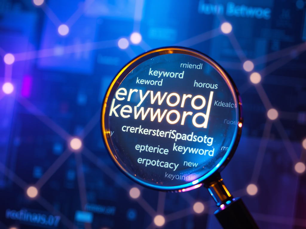 Hình ảnh kính lúp khám phá từ khóa ẩn trong không gian số, kết nối bởi đường dẫn ánh sáng, nền công nghệ tương lai với tông màu xanh tím