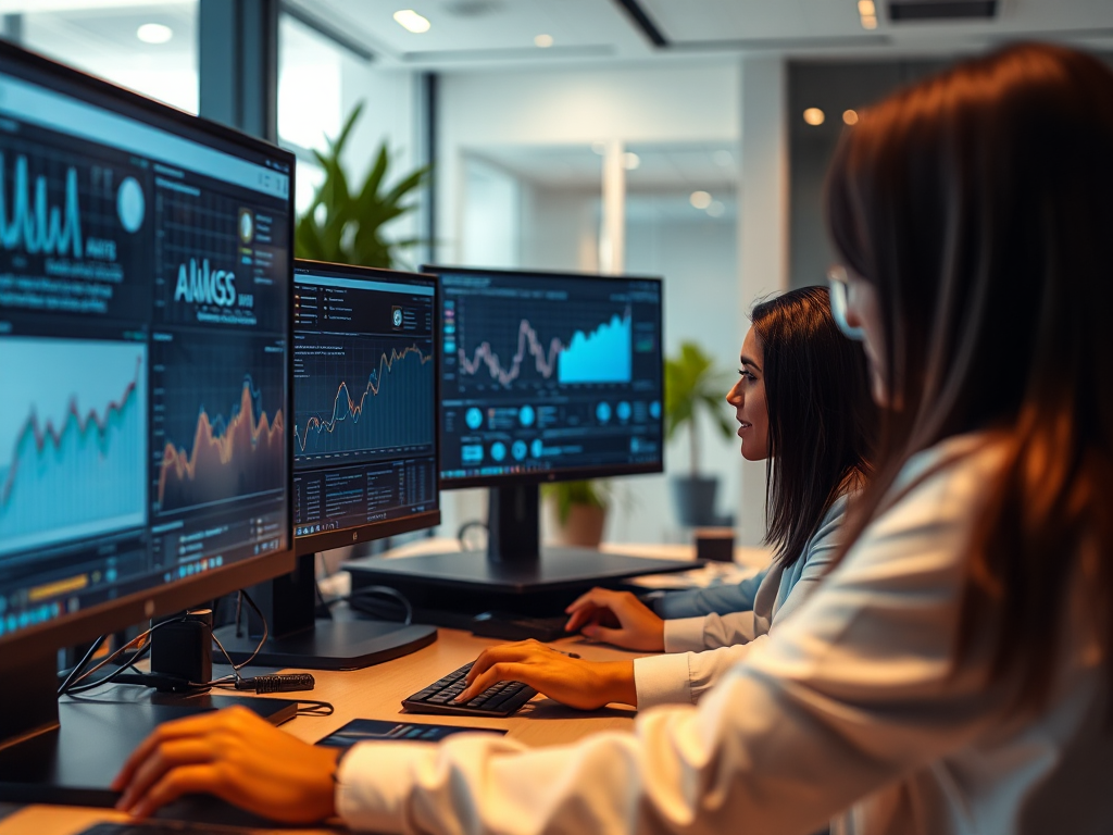 Nhóm chuyên gia marketing phân tích dữ liệu website trên nhiều màn hình máy tính trong văn phòng hiện đại với ánh sáng dịu nhẹ, tập trung vào tối ưu công cụ tìm kiếm