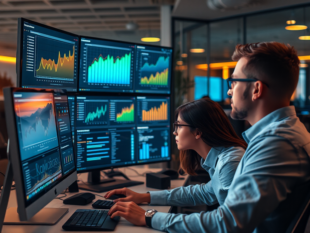 Nhóm chuyên gia phân tích dữ liệu SEO trên nhiều màn hình máy tính trong văn phòng hiện đại với ánh sáng ấm áp và công nghệ tiên tiến