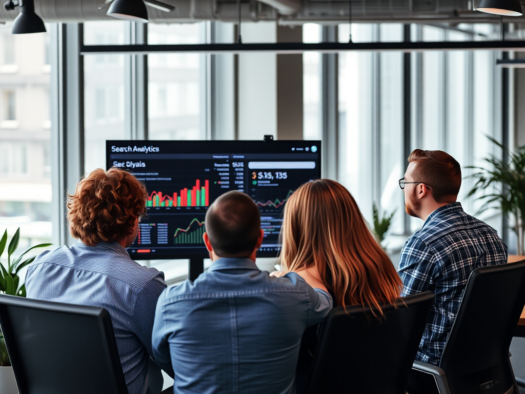 Nhóm chuyên gia phân tích dữ liệu SEO trên màn hình lớn trong văn phòng hiện đại, tối ưu hóa công cụ tìm kiếm năm 2026