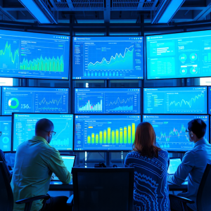 Nhóm chuyên gia tiếp thị kỹ thuật số phân tích dữ liệu website trên nhiều màn hình máy tính với biểu đồ trực quan trong văn phòng hiện đại, tập trung vào tối ưu hóa công cụ tìm kiếm