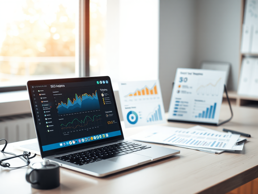 Bàn làm việc văn phòng hiện đại với laptop hiển thị bảng điều khiển phân tích SEO và công cụ nghiên cứu từ khóa, ánh sáng tự nhiên từ cửa sổ chiếu vào