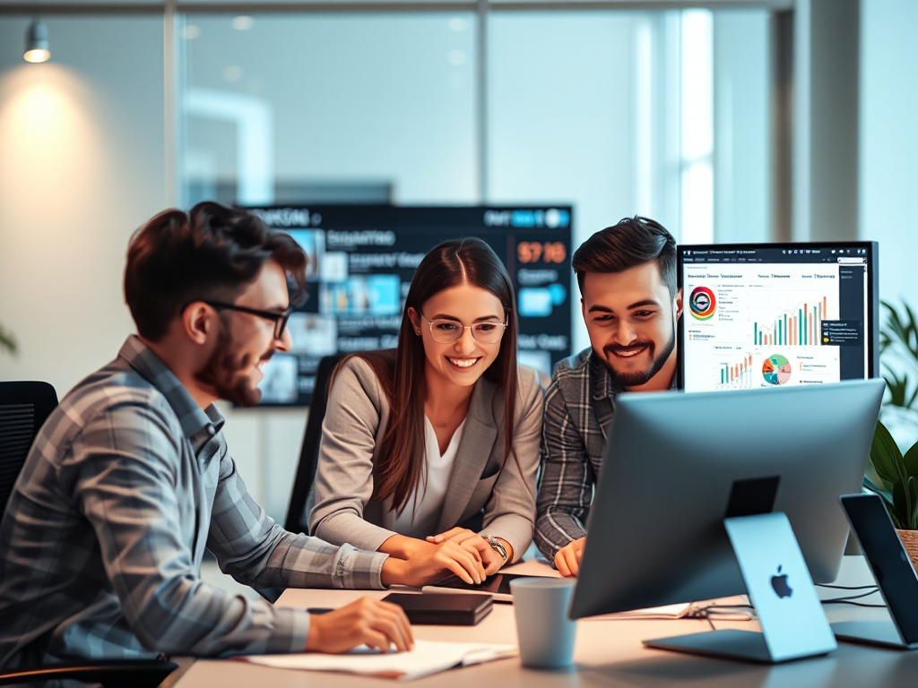 Nhóm chuyên gia SEO làm việc cùng nhau xung quanh màn hình kỹ thuật số phân tích chiến lược nội dung trong văn phòng hiện đại với ánh sáng tự nhiên