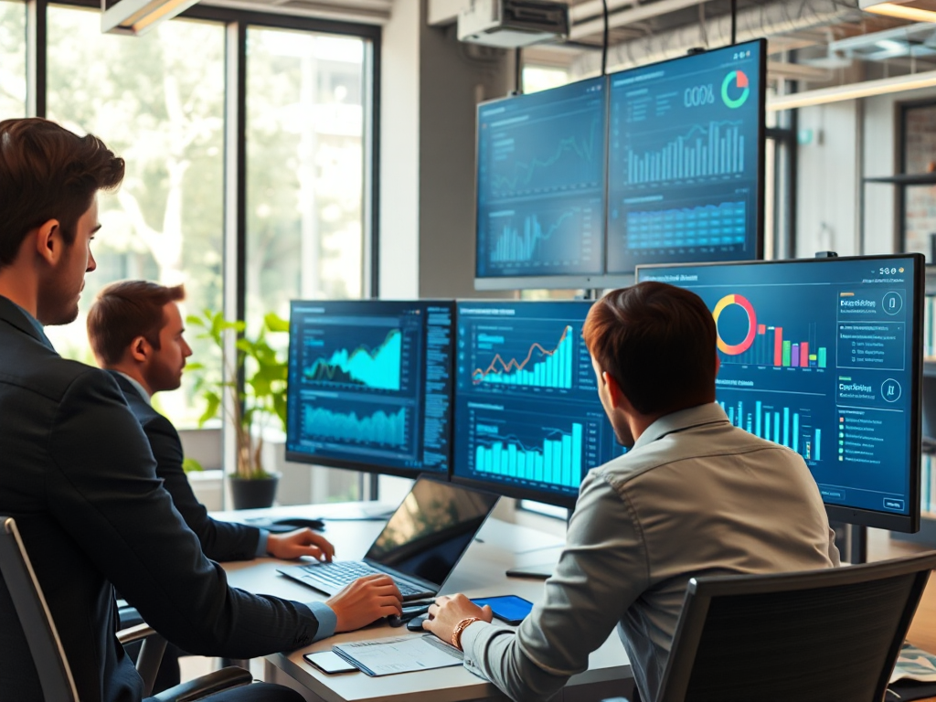 Nhóm chuyên gia marketing kỹ thuật số phân tích dữ liệu SEO trên nhiều màn hình máy tính trong văn phòng hiện đại với ánh sáng tự nhiên