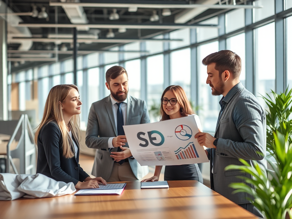 Nhóm chuyên gia SEO làm việc cùng nhau trong văn phòng hiện đại với ánh sáng tự nhiên, tập trung vào quy trình SEO từ A đến Z