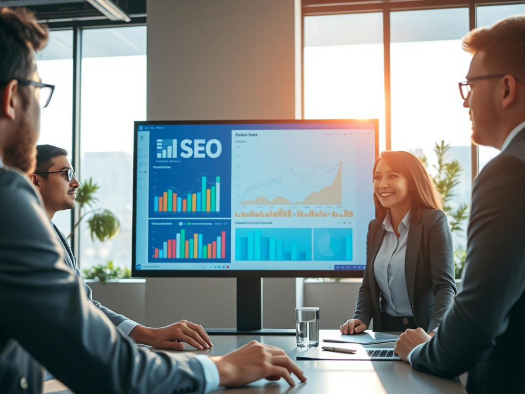 Nhóm chuyên gia phân tích dữ liệu SEO trên màn hình lớn trong văn phòng hiện đại với ánh sáng tự nhiên và không gian làm việc chuyên nghiệp