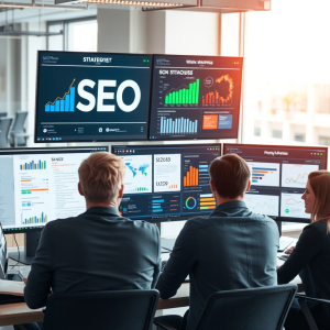 Nhóm chuyên gia marketing làm việc với chiến lược SEO trên nhiều màn hình máy tính trong văn phòng hiện đại với ánh sáng tự nhiên
