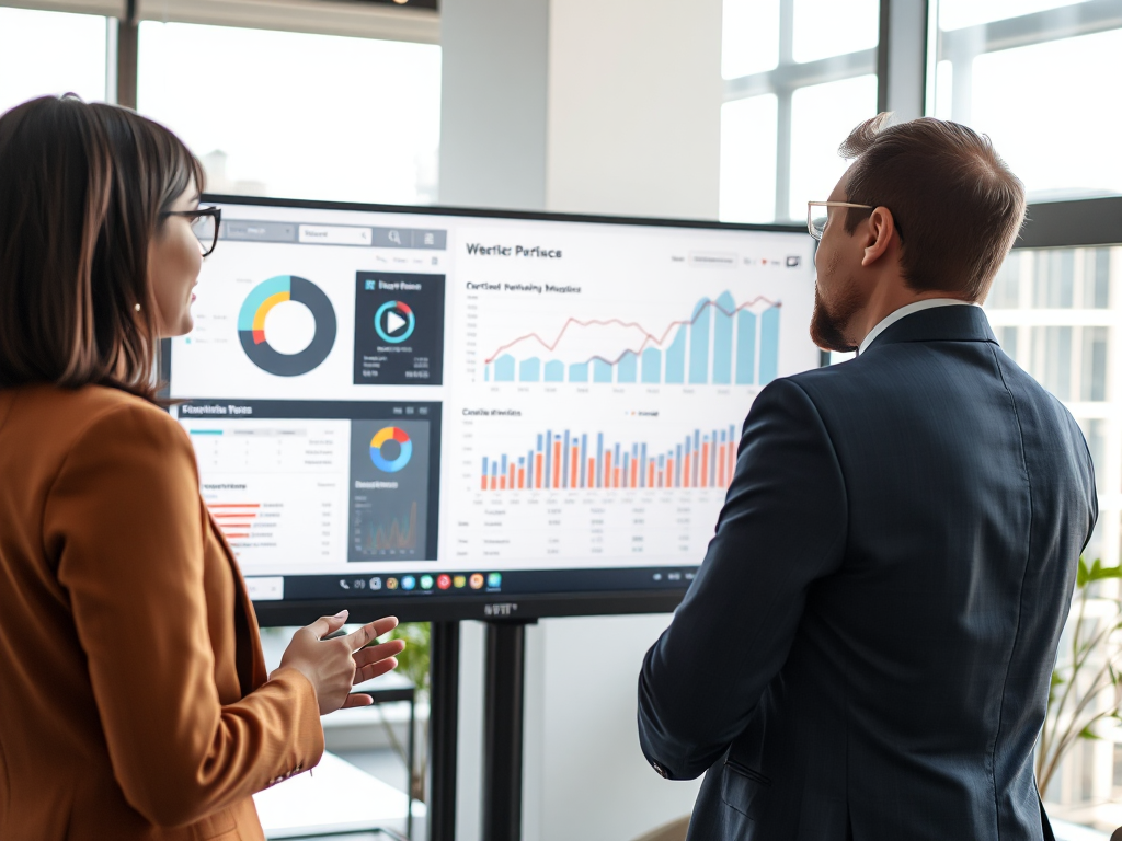 Nhóm chuyên gia phân tích dữ liệu website trên màn hình lớn trong văn phòng hiện đại, tập trung vào cách audit website chuyên nghiệp để tối ưu SEO