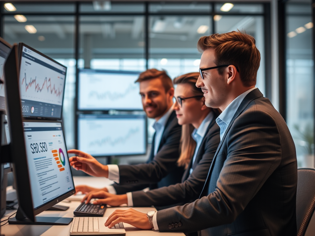 Nhóm chuyên gia SEO làm việc với nhiều màn hình hiển thị dữ liệu website trong văn phòng hiện đại, ánh sáng dịu nhẹ tạo cảm giác chuyên nghiệp