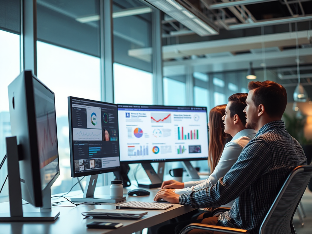 Nhóm chuyên gia đang thực hiện audit website trên nhiều màn hình máy tính trong văn phòng hiện đại với ánh sáng tự nhiên, thể hiện quy trình kiểm tra chuyên nghiệp