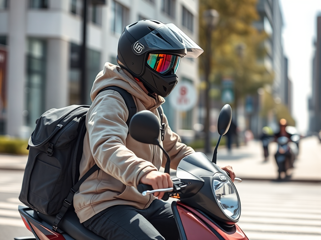 Người lái xe máy điện đang mặc đồ bảo hộ và đội mũ bảo hiểm, thể hiện tư thế lái xe an toàn trên đường phố thành phố dưới ánh sáng ban ngày rõ ràng
