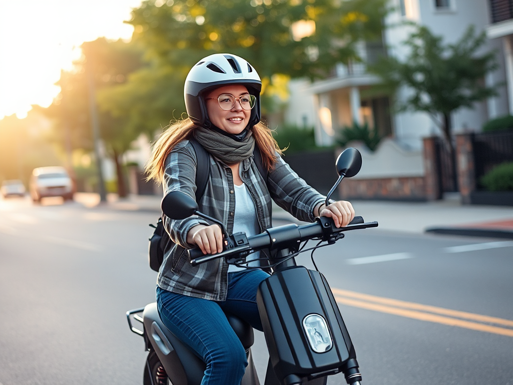 Hình ảnh người phụ nữ đội mũ bảo hiểm đang điều khiển xe máy điện trên đường phố dân cư yên tĩnh, thể hiện hướng dẫn sử dụng xe máy điện an toàn cho người mới bắt đầu