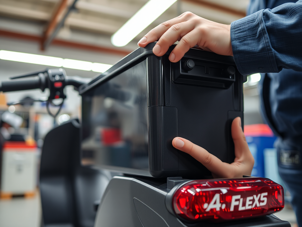 Kỹ thuật viên kiểm tra pin xe máy điện trong xưởng bảo dưỡng, ánh sáng đèn trần sáng rõ, chi tiết cơ khí được minh họa rõ nét