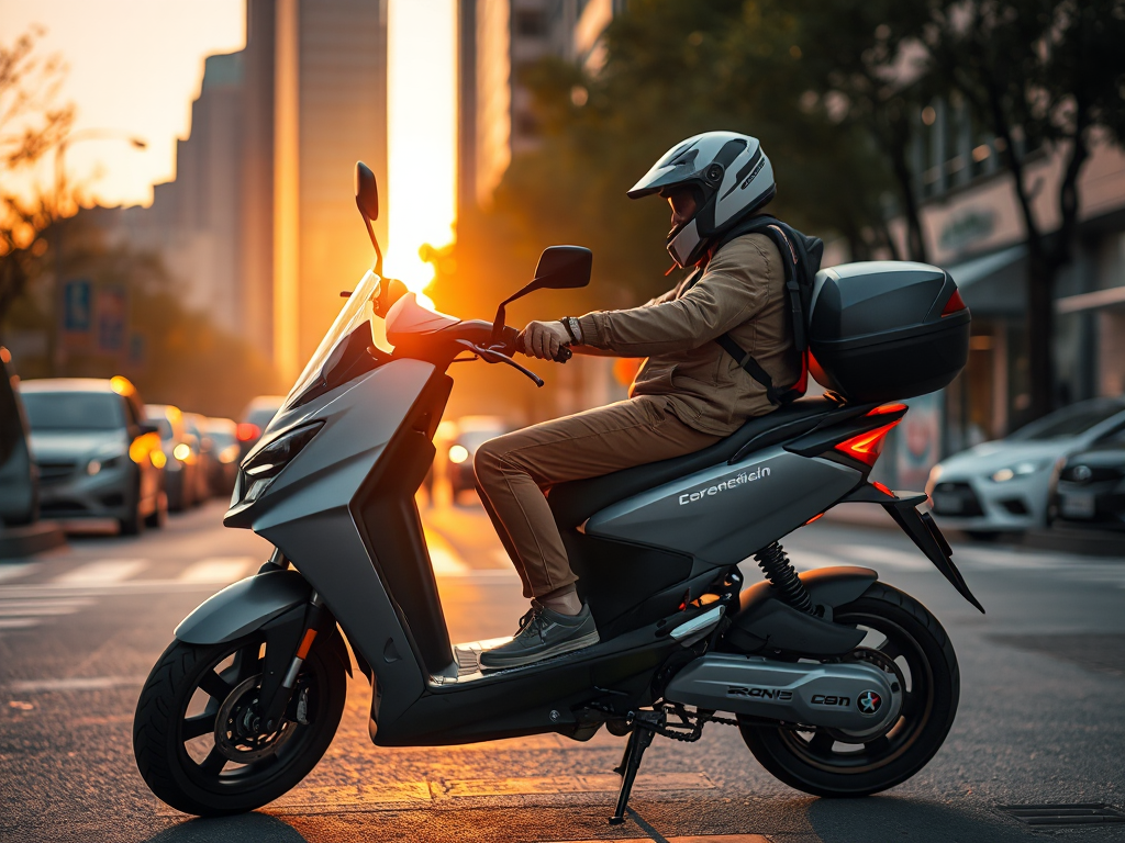 Người lái xe máy điện đang đội mũ bảo hiểm và mặc đồ bảo hộ an toàn, xe đậu trên phố thành phố vào lúc hoàng hôn với ánh sáng vàng dịu nhẹ, minh họa cho hướng dẫn sử dụng xe máy điện an toàn