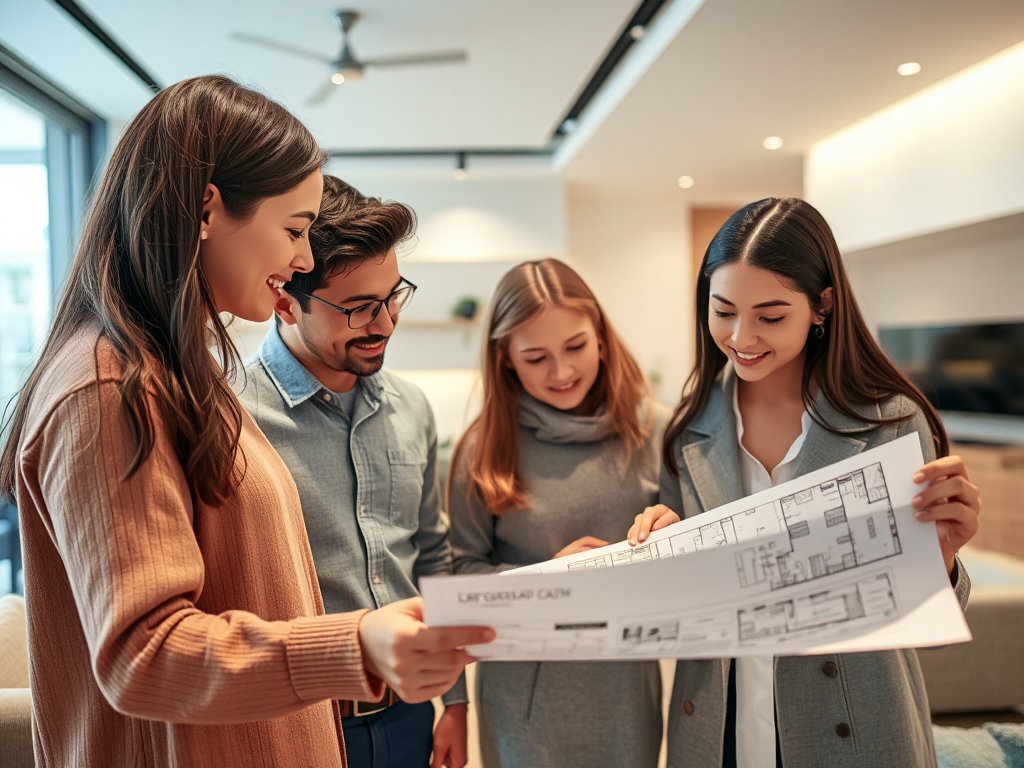 Gia đình tìm hiểu bản vẽ căn hộ tại phòng trưng bày Vinhomes Smart City với ánh sáng tự nhiên, tư vấn viên hỗ trợ lựa chọn diện tích phù hợp nhu cầu sinh hoạt