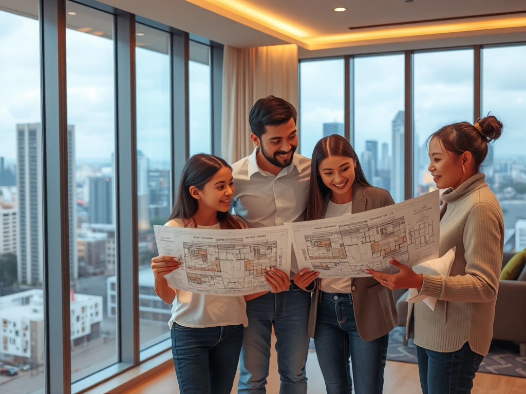 Gia đình tham quan phòng mẫu Vinhomes Smart City cùng nhân viên tư vấn, xem bản vẽ căn hộ chi tiết trong không gian hiện đại với tầm nhìn thành phố qua ô cửa kính lớn