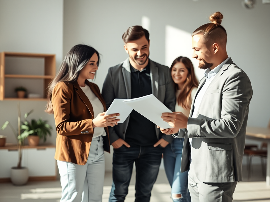 Nhân viên môi giới bất động sản đang giới thiệu hồ sơ mua căn hộ Vinhomes Smart City cho cặp vợ chồng trẻ trong văn phòng hiện đại với ánh sáng tự nhiên