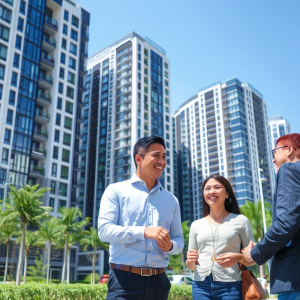 Hình ảnh khu căn hộ Vinhomes Smart City hiện đại với tòa nhà kính cao tầng, không gian xanh, nhân viên môi giới đang tư vấn cho cặp vợ chồng trẻ trong ngày nắng đẹp