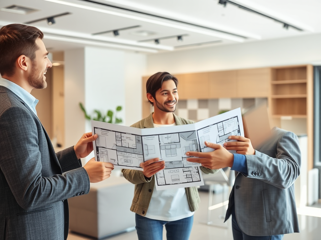 Cặp vợ chồng trẻ đang trao đổi với nhân viên tư vấn về bản vẽ căn hộ tại phòng trưng bày Vinhomes Smart City, không gian hiện đại với ánh sáng tự nhiên tốt