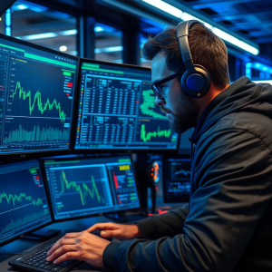 Chuyên gia bảo mật kiểm tra giao diện sàn giao dịch tiền điện tử trên nhiều màn hình máy tính, yếu tố bảo mật số, không gian làm việc công nghệ hiện đại với ánh sáng xanh dương và xanh lá cây