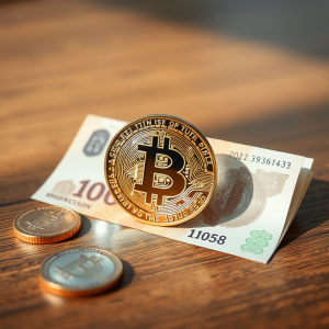 Đồng tiền Bitcoin kỹ thuật số và tiền Việt Nam đặt trên bàn gỗ, ánh sáng tự nhiên nhẹ nhàng, khái niệm tài chính công nghệ hiện đại