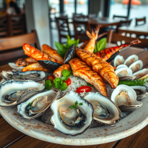 Món hải sản tươi ngon đặc trưng của ẩm thực Hạ Long với hàu, cá nướng và ngao hấp trên bàn gỗ mộc mạc, tạo nên khung cảnh ẩm thực ven biển hấp dẫn