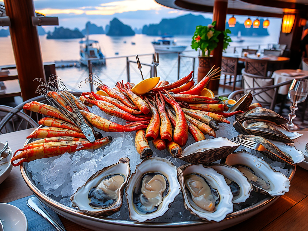 Món hải sản tươi sống gồm mực nướng, sò hấp và hàu sống trên đĩa lớn tại nhà hàng ven biển Hạ Long, ánh hoàng hôn vàng rực chiếu vào