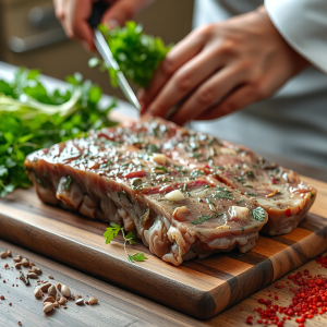 Món thịt tươi được ướp với các loại thảo mộc và gia vị trên thớt gỗ, ánh sáng tự nhiên trong nhà bếp, tay đầu bếp chuyên nghiệp đang chuẩn bị nguyên liệu