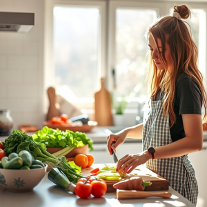 Một người phụ nữ trẻ đang nấu ăn trong căn bếp sáng sủa, thái rau củ tươi trên thớt gỗ, ánh nắng tự nhiên tạo không gian ấm cúng cho người mới bắt đầu học công thức nấu ăn cơ bản.