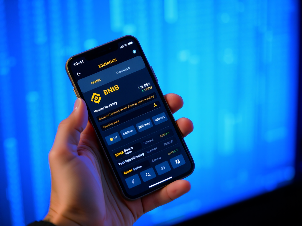 Người cầm điện thoại thông minh hiển thị ứng dụng Binance với giao diện staking BNB Coin, ánh sáng xanh dịu mát, minh họa công nghệ hiện đại