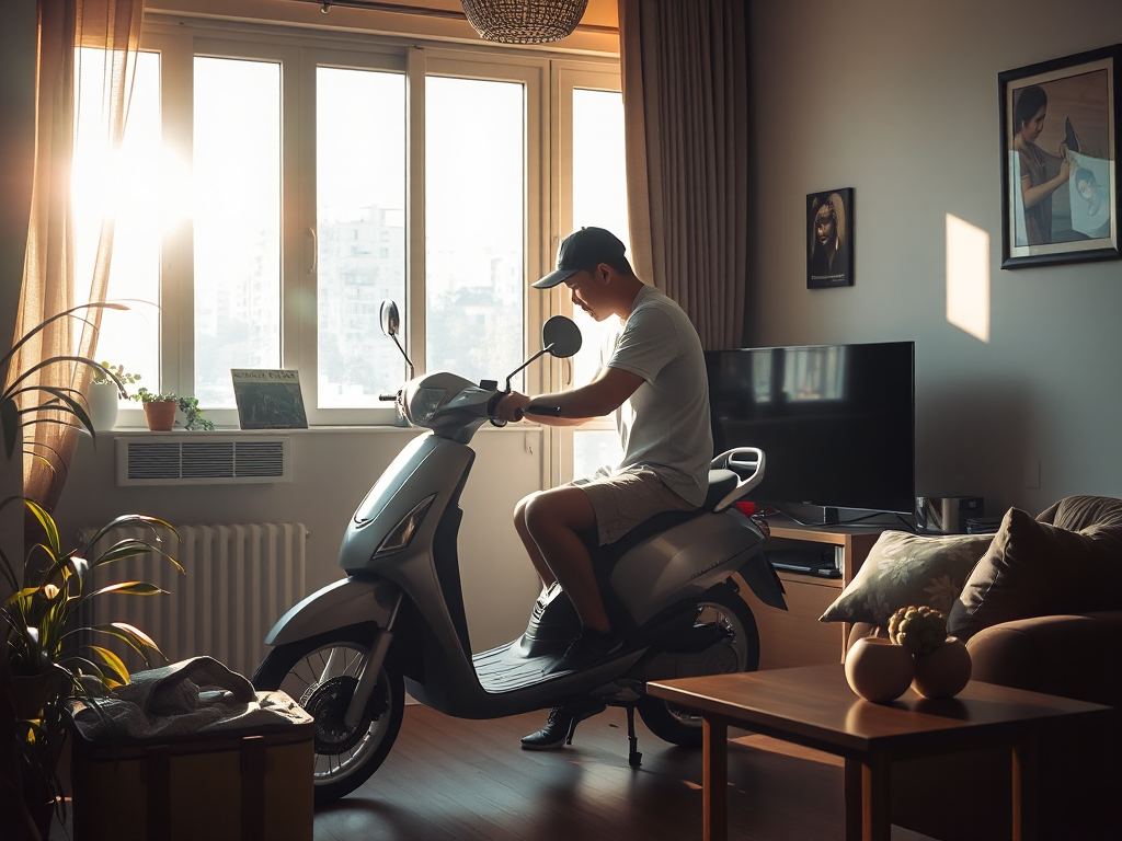 Người đàn ông đang tự sửa chữa xe máy điện VinFast tại nhà với các dụng cụ cần thiết, ánh sáng tự nhiên từ cửa sổ tạo không gian ấm cúng