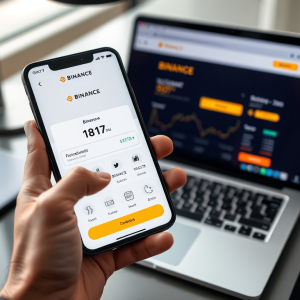 Người dùng kiểm tra số dư BNB coin trên ứng dụng Binance bằng điện thoại thông minh, bên cạnh là máy tính xách tay hiển thị cùng tài khoản, không gian làm việc hiện đại