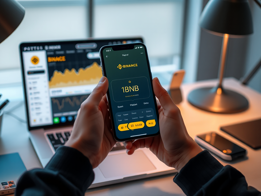 Người dùng kiểm tra số dư BNB trên ứng dụng Binance thông qua điện thoại thông minh, có màn hình laptop hiển thị bảng điều khiển ví tiền điện tử trong không gian làm việc hiện đại